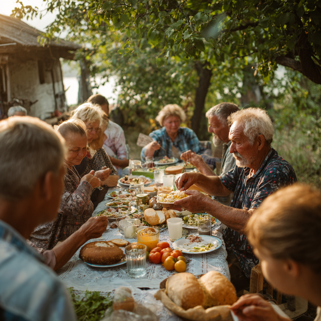 Smiling Ukrainian adults enjoying healthy meal together at modern kitchen table