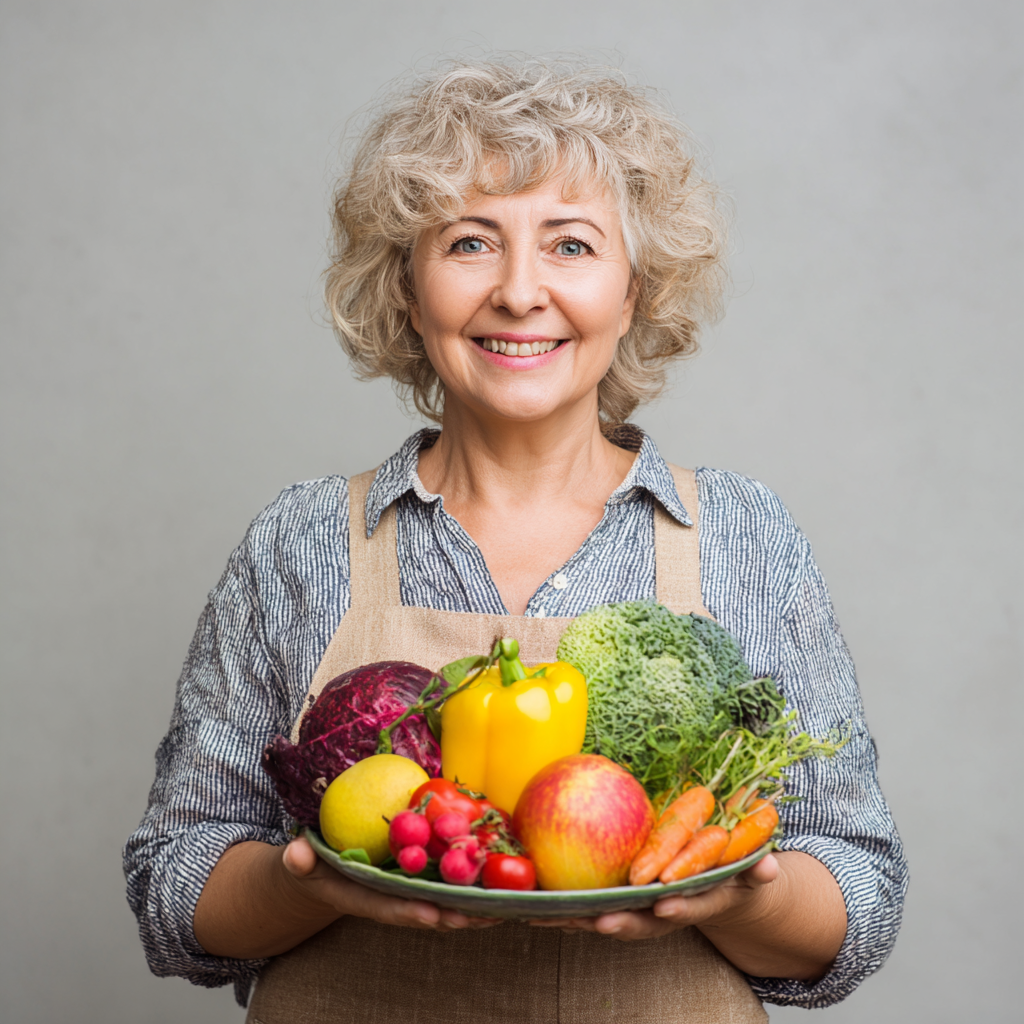 Middle-aged Ukrainian adults preparing nutritious breakfast with fresh vegetables and grains